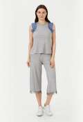 Organza Aksesuarlı Penye Gri/Saks Bluz