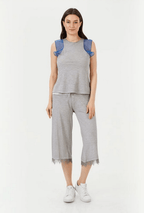 Organza Aksesuarlı Penye Gri/Saks Bluz