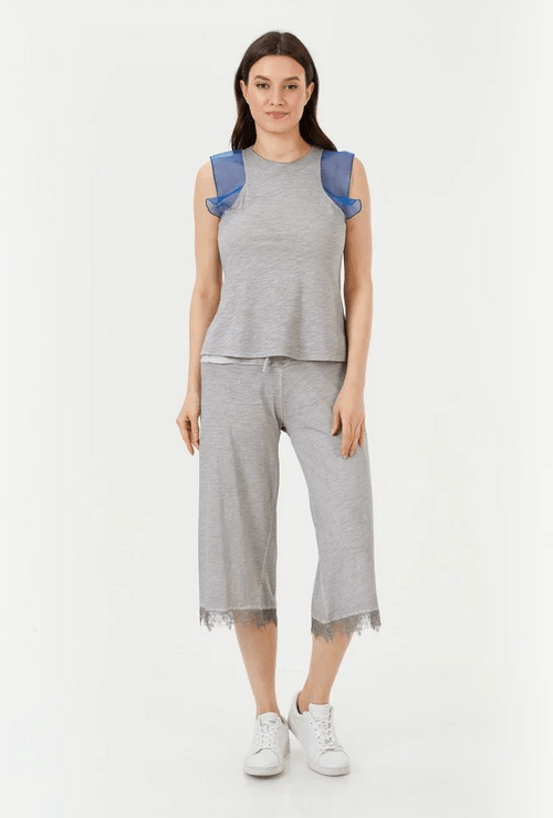 Organza Aksesuarlı Penye Gri/Saks Bluz