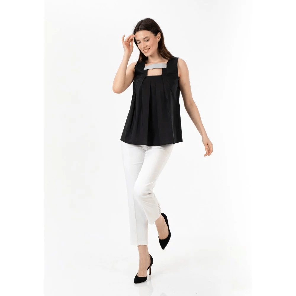 Gri Patlı Kolsuz Poplin Siyah Bluz