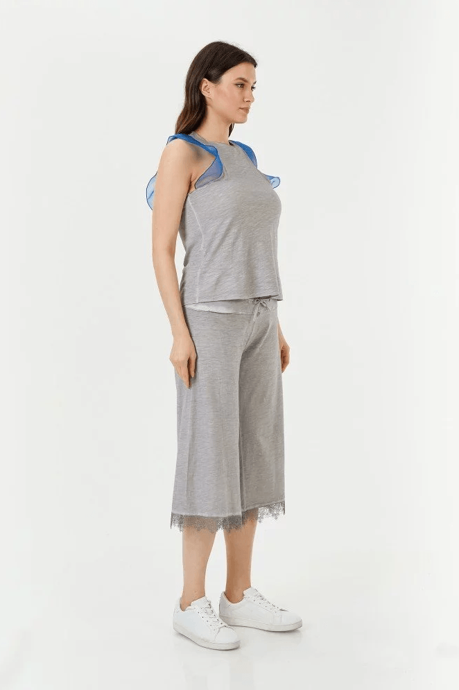 Organza Aksesuarlı Penye Gri/Saks Bluz