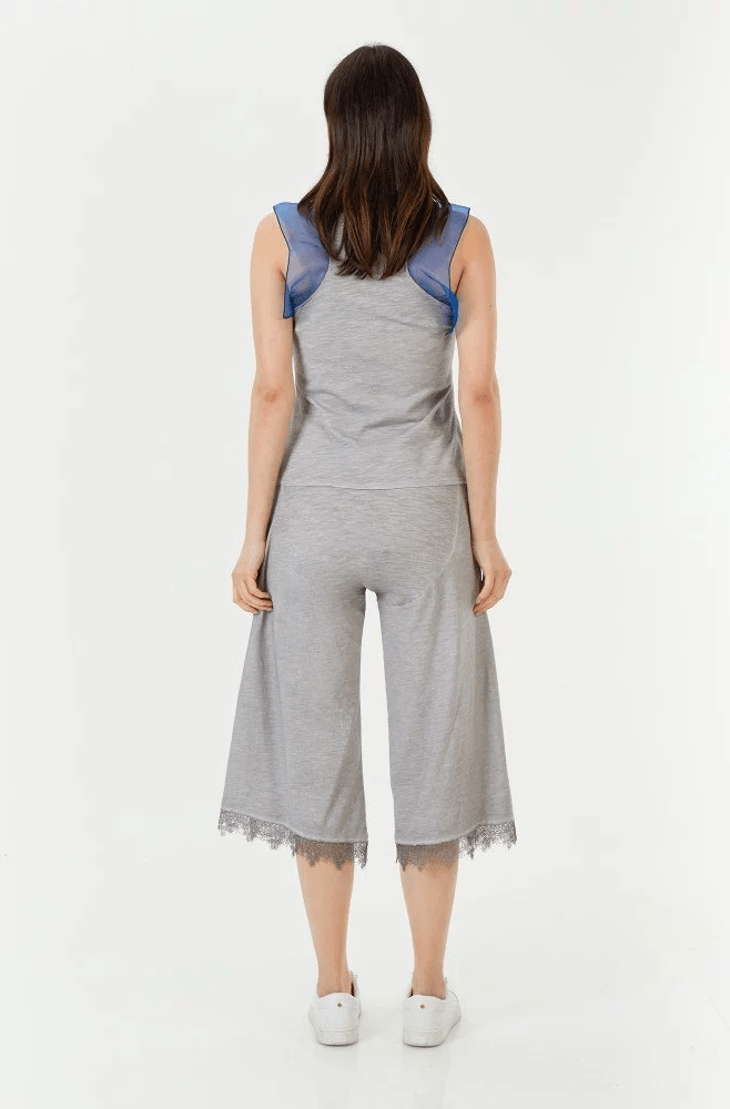 Organza Aksesuarlı Penye Gri/Saks Bluz