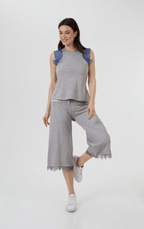 Organza Aksesuarlı Penye Gri/Saks Bluz
