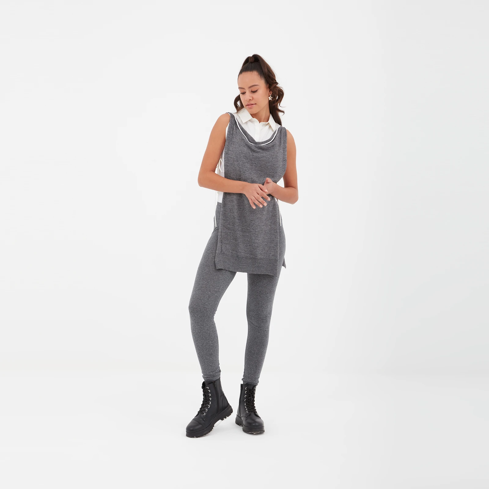 1002 Eskitme Triko Tunik Gri